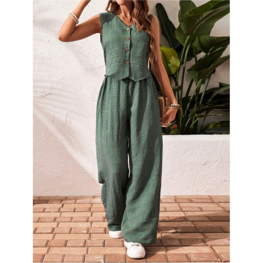 CHARISSA – chique Mouwloze V-Hals Top en Broek Set